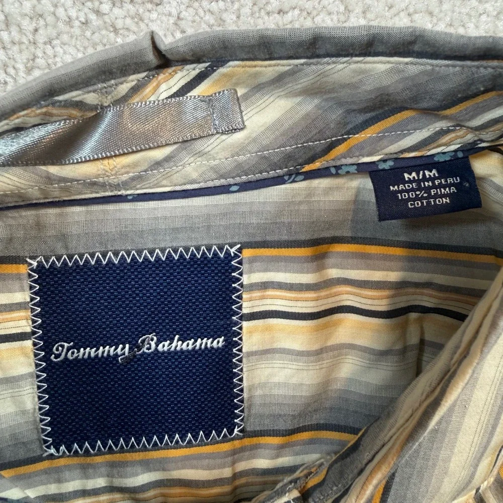 Tommy Bahama Button Down Shirt Mens Medium Grey Yellow‎ Striped Pima Cotton